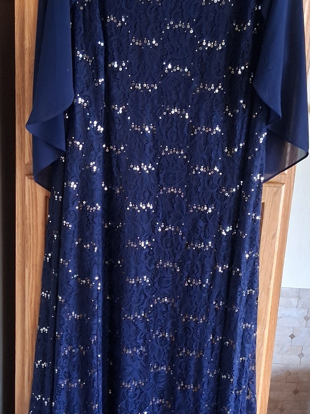 Mother of Bride Formal Navy Lace Maxi Dress with Sheer Cape - Size 24 - Picture 15 of 15